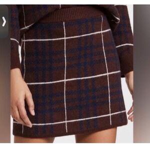 En Saison Brown Plaid Knit Mini Skirt Elastic Waist Sweater Skirt Women M